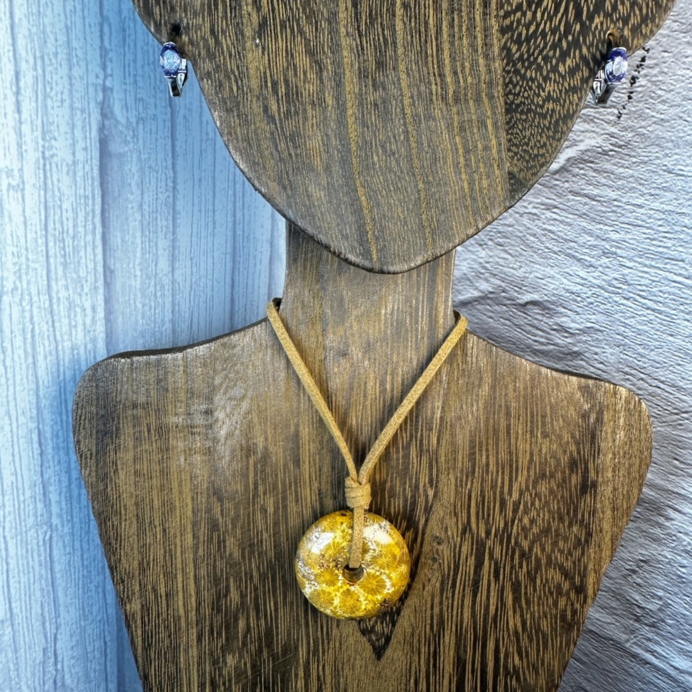 Yellow Coral Fossil Donut Pendant on Brown Faux Suede - Picture 5 of 11